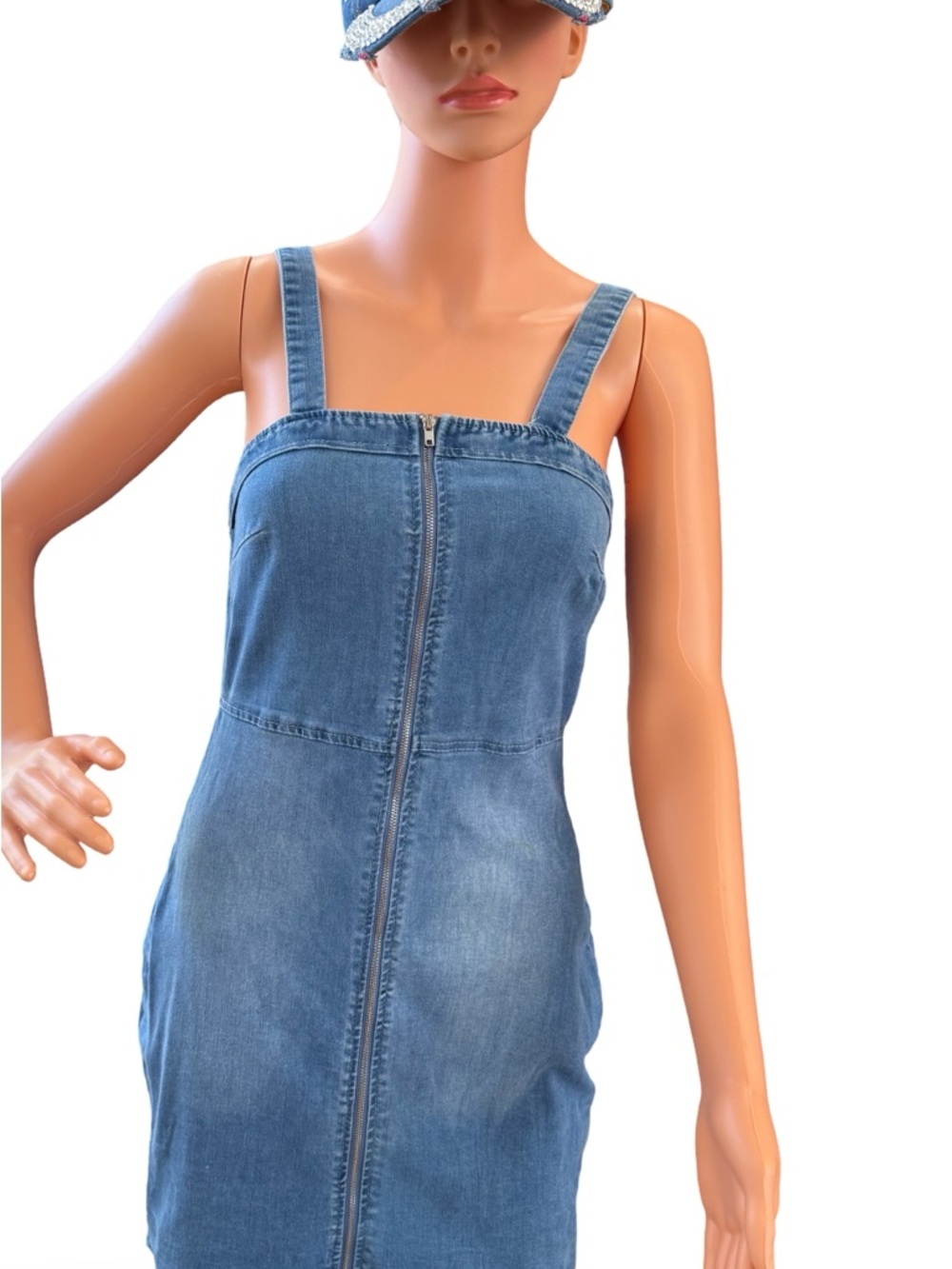 Denim Zip-Front Women's Jean Overall mini Dress - Blue